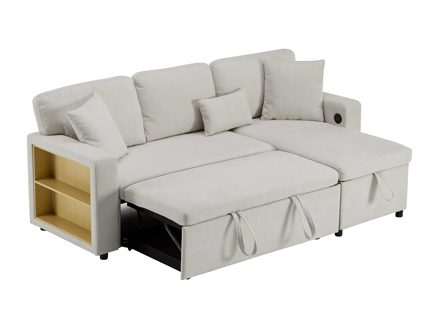 Canapé convertible 3 places avec rangement et port USB - Tissu flanelle beige