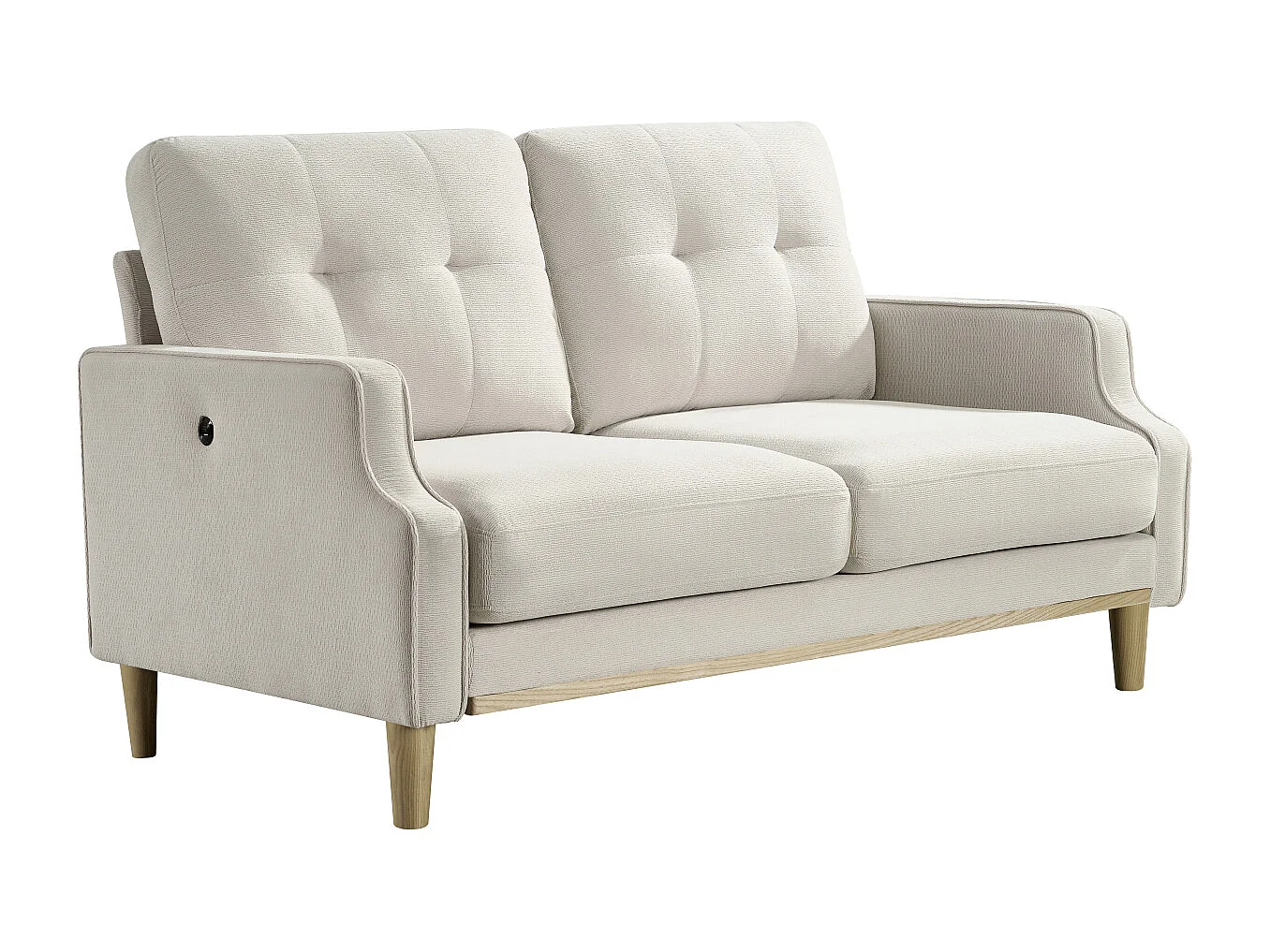 Canapé 2 places petite 135 cm avec port USB, tissu beige et bois