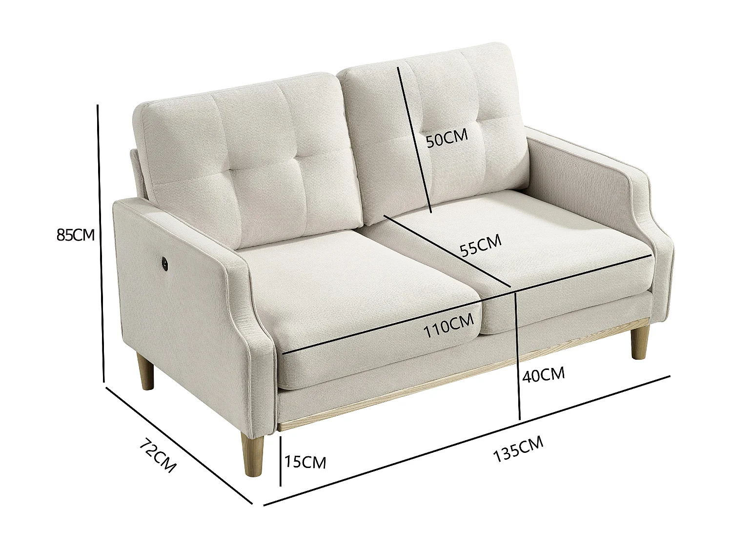 Canapé 2 places petite 135 cm avec port USB, tissu beige et bois