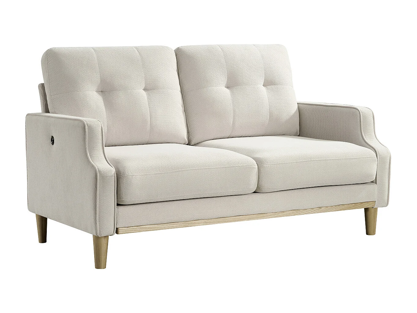Canapé 2 places petite 135 cm avec port USB, tissu beige et bois