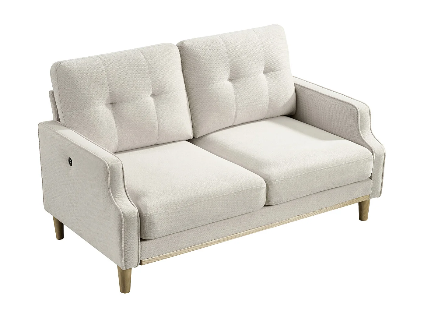 Canapé 2 places petite 135 cm avec port USB, tissu beige et bois