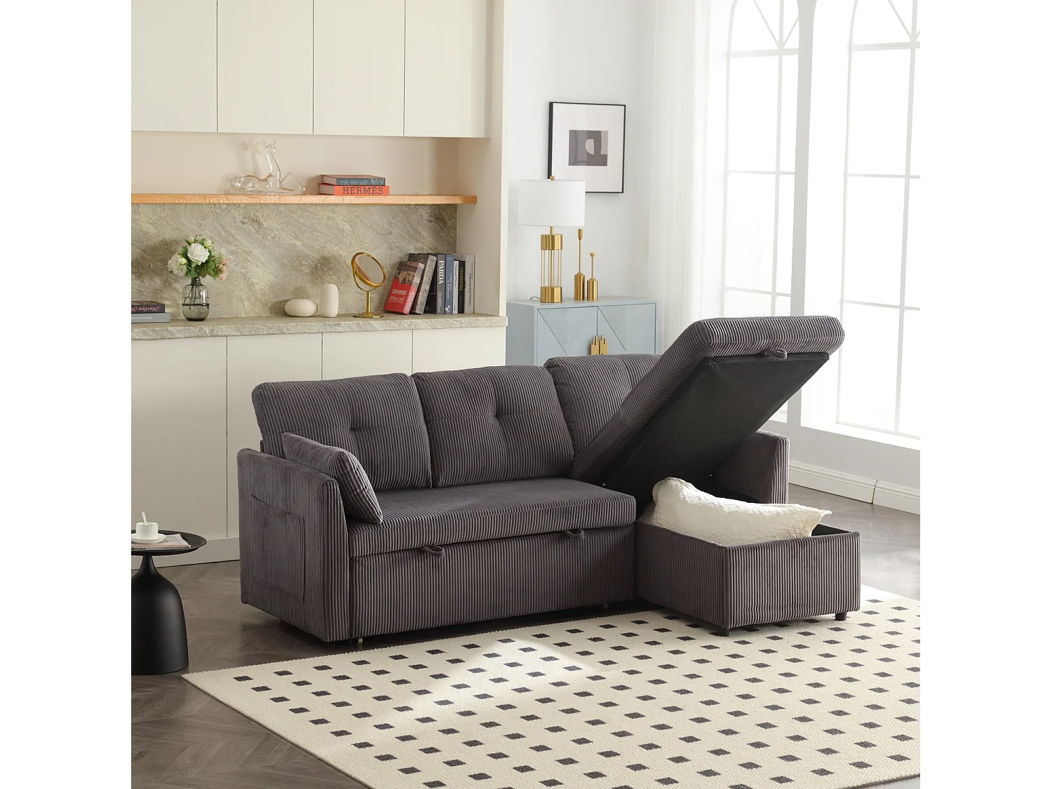 Canapé d'angle convertible 3 places avec rangements - Velours côtelé gris foncé