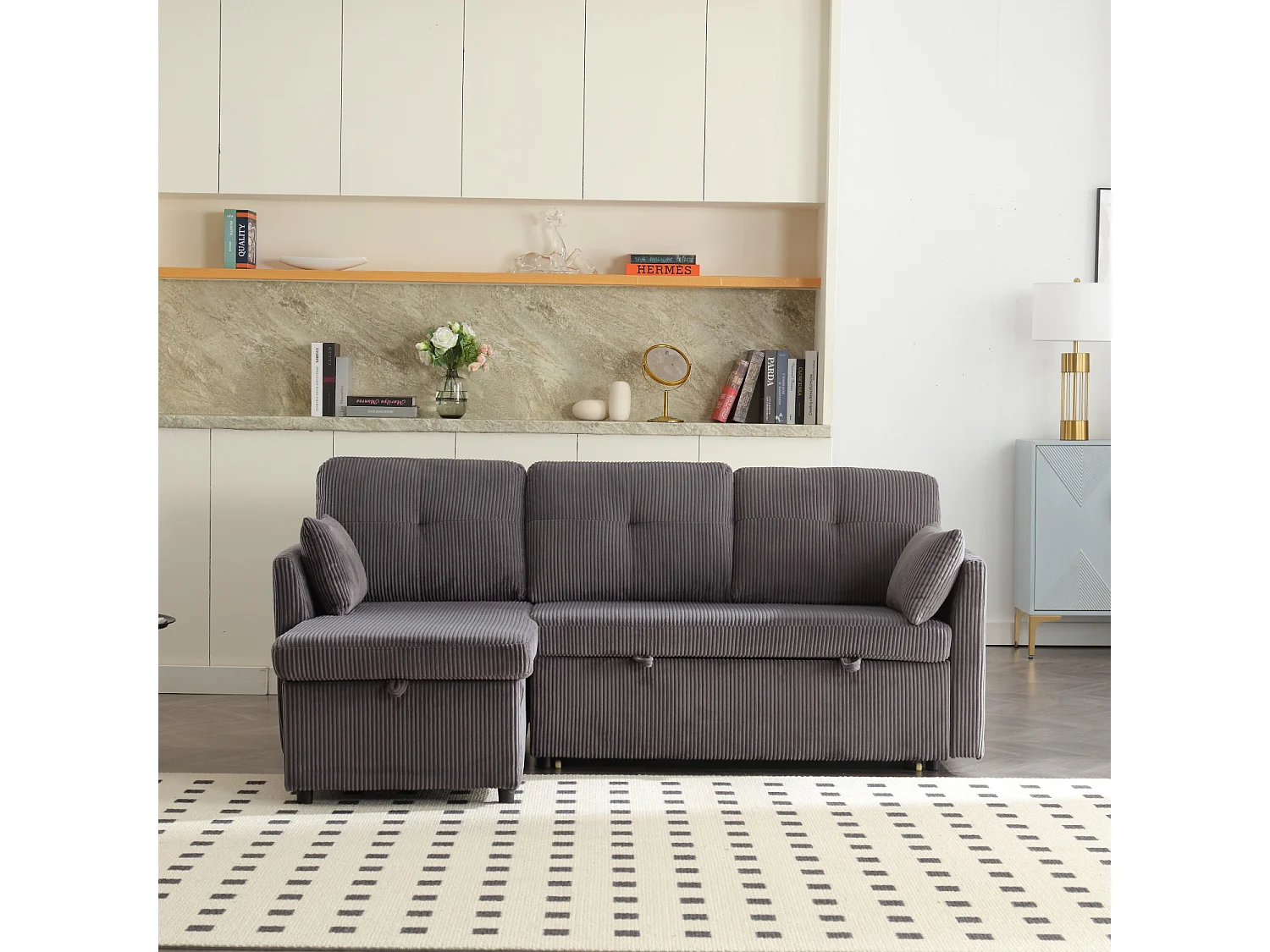 Canapé d'angle convertible 3 places avec rangements - Velours côtelé gris foncé