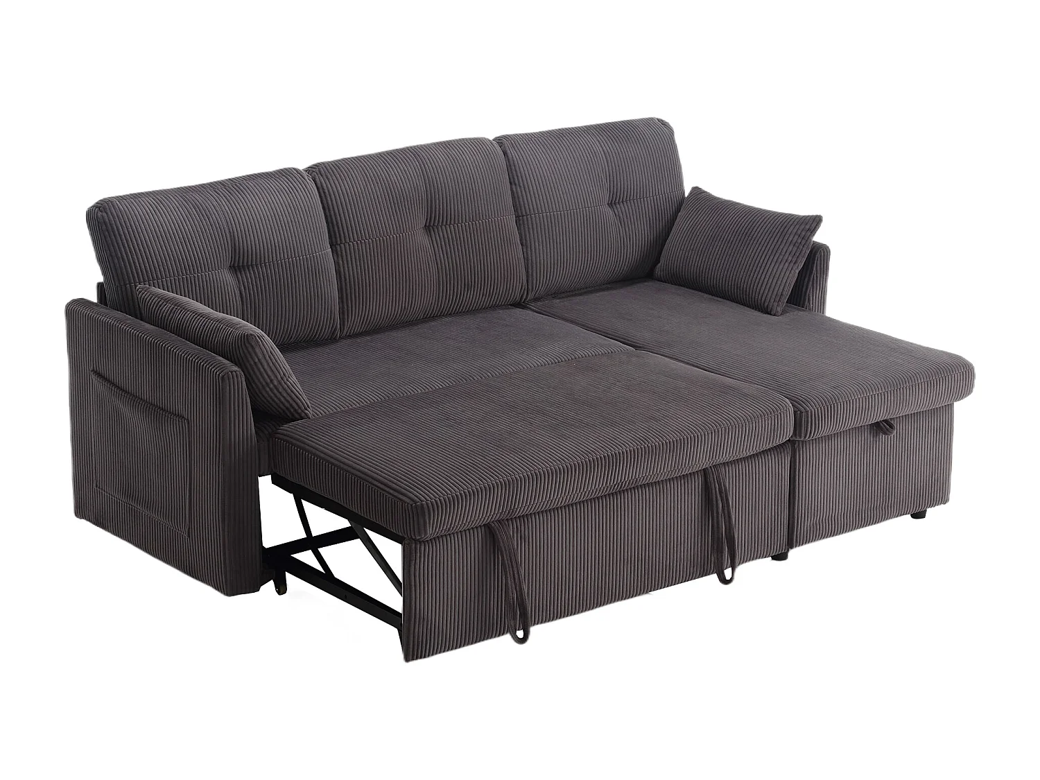 Canapé d'angle convertible 3 places avec rangements - Velours côtelé gris foncé