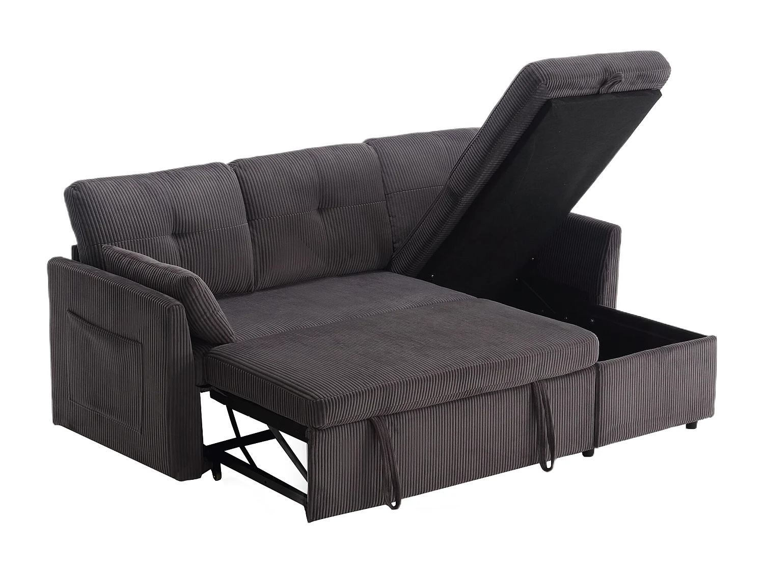 Canapé d'angle convertible 3 places avec rangements - Velours côtelé gris foncé