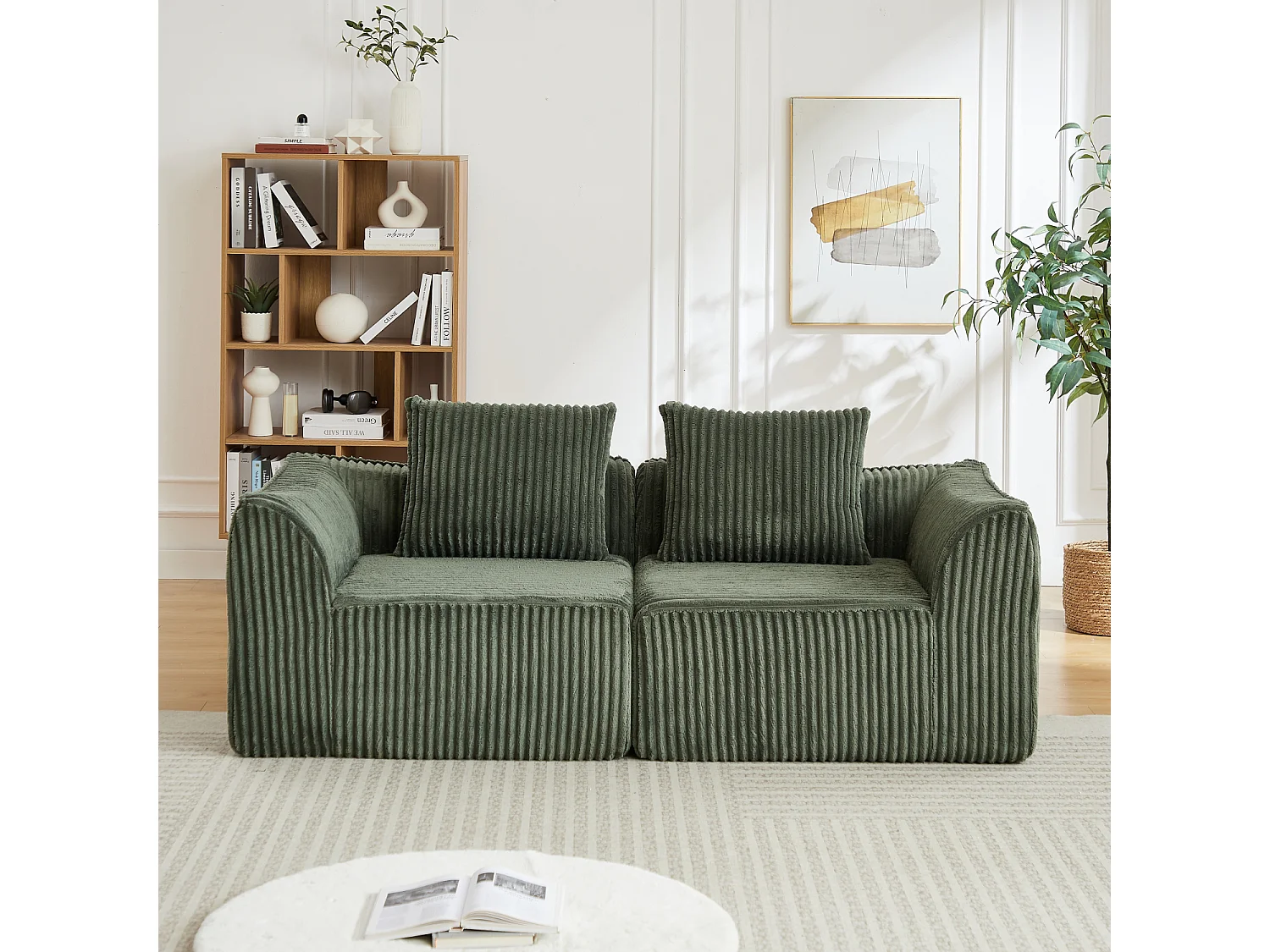 Canapé modulable 2 places en tissu velours côtelé vert avec 2 coussins