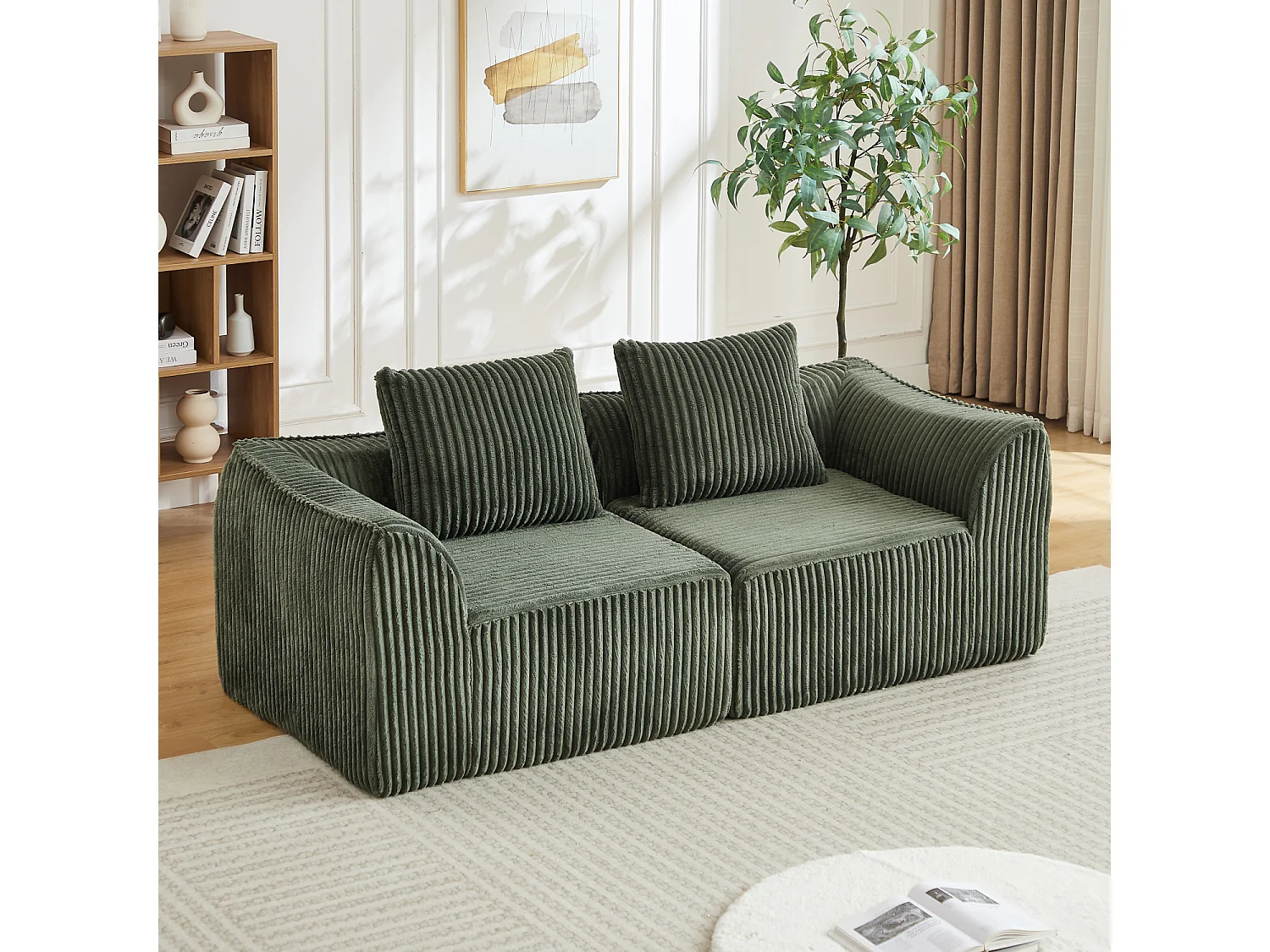 Canapé modulable 2 places en tissu velours côtelé vert avec 2 coussins