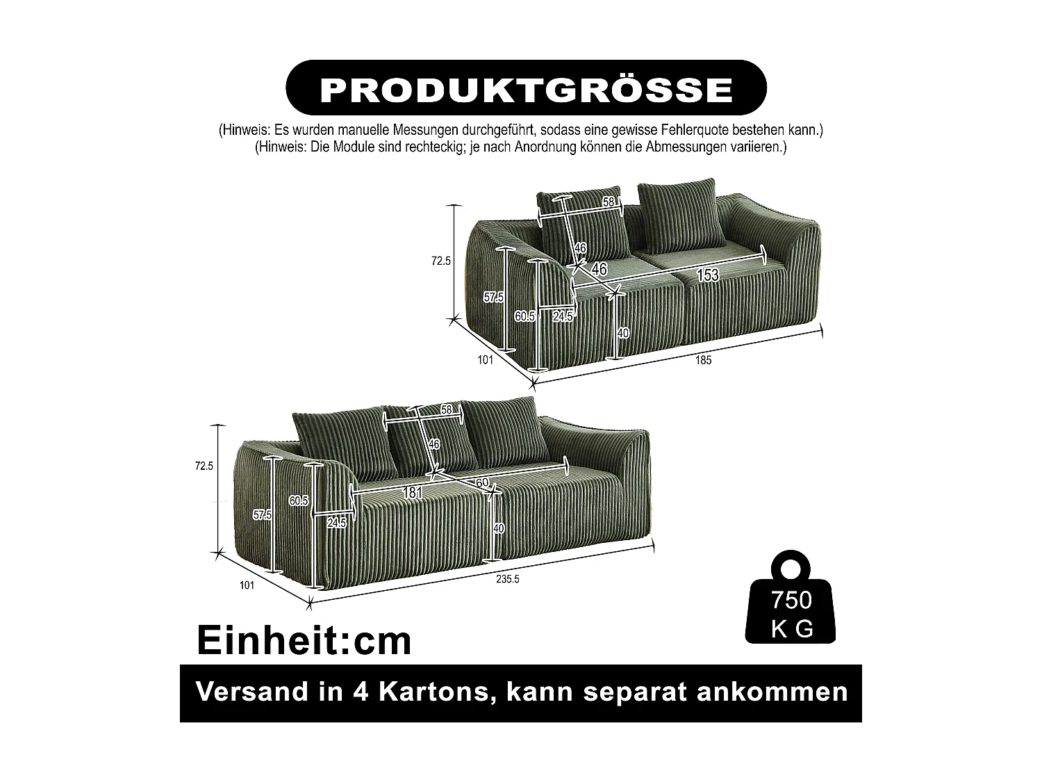 Canapé modulable 2 places en tissu velours côtelé vert avec 2 coussins