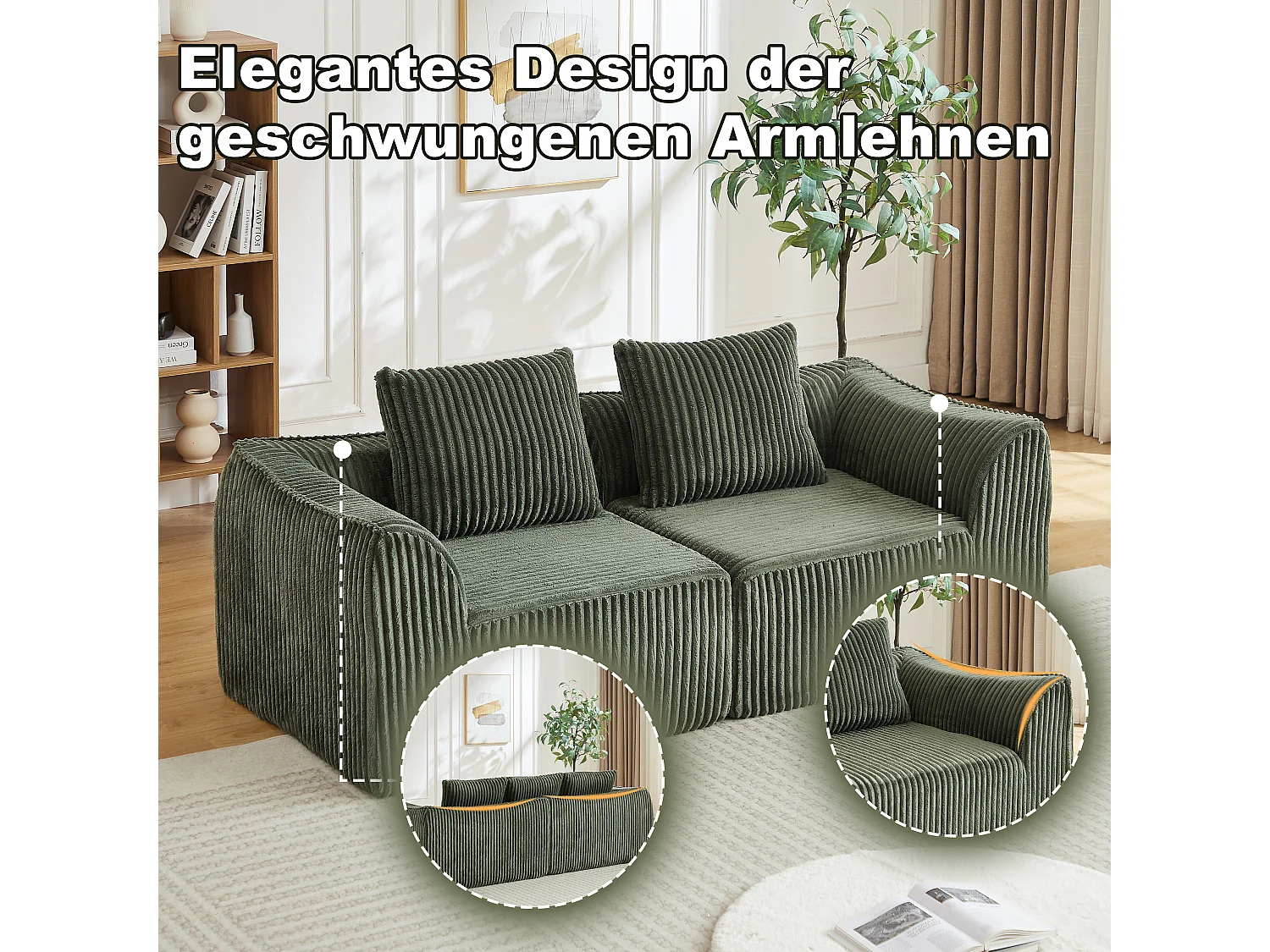 Canapé modulable 2 places en tissu velours côtelé vert avec 2 coussins