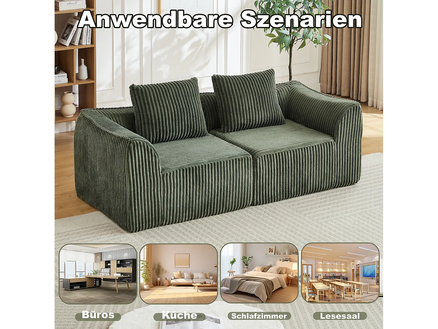 Canapé modulable 2 places en tissu velours côtelé vert avec 2 coussins