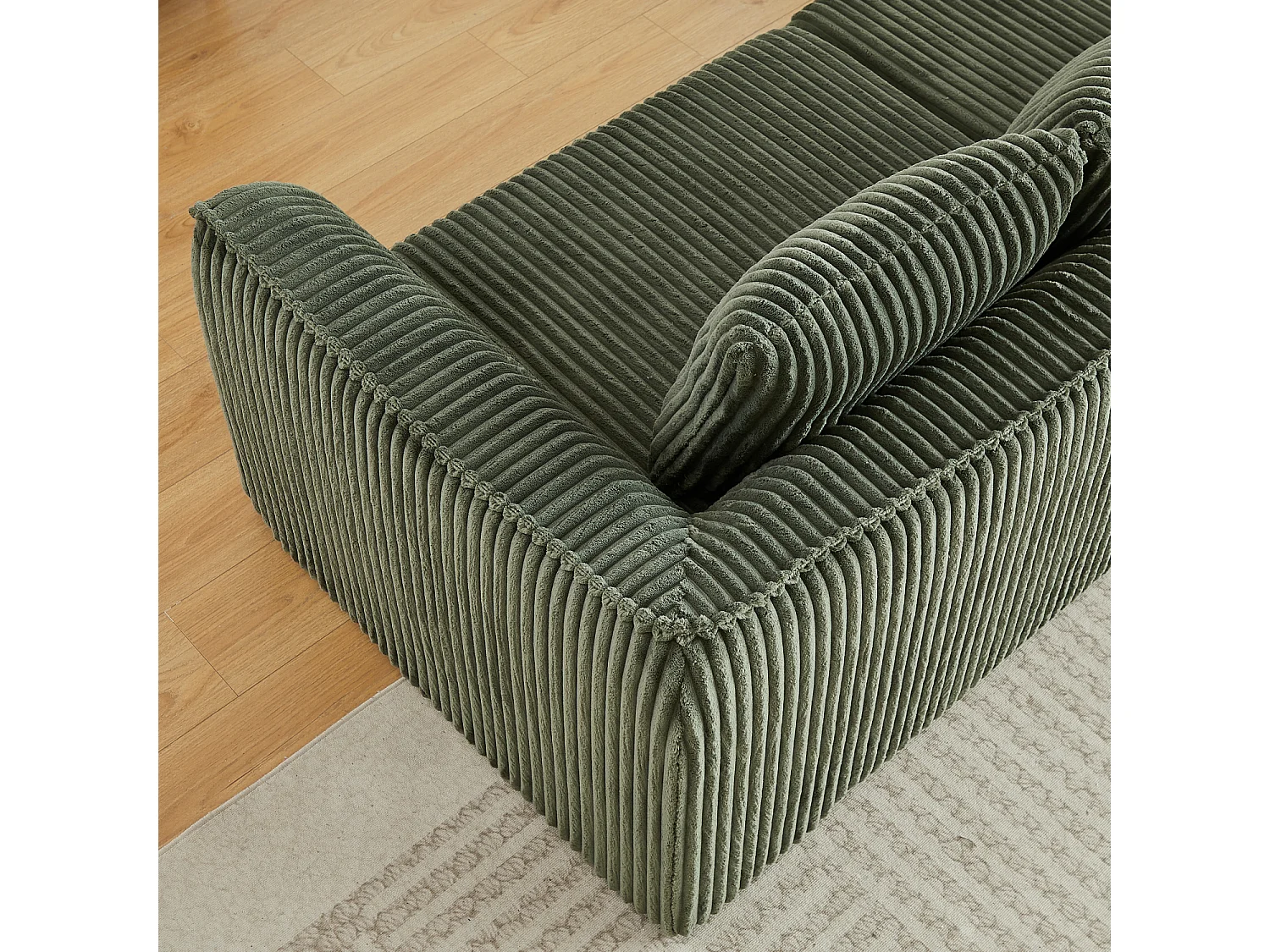 Canapé modulable 2 places en tissu velours côtelé vert avec 2 coussins