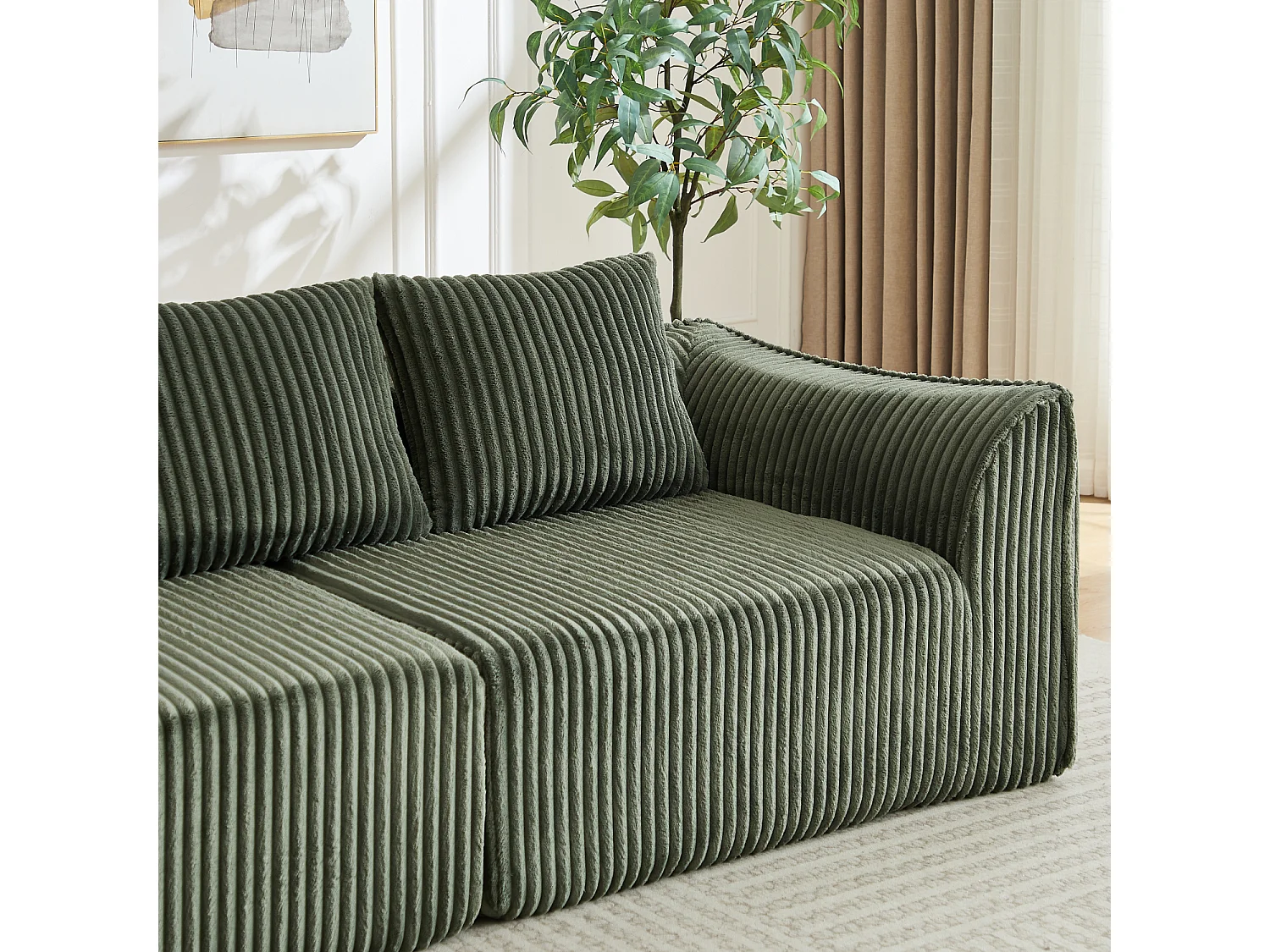 Canapé modulable 2 places en tissu velours côtelé vert avec 2 coussins