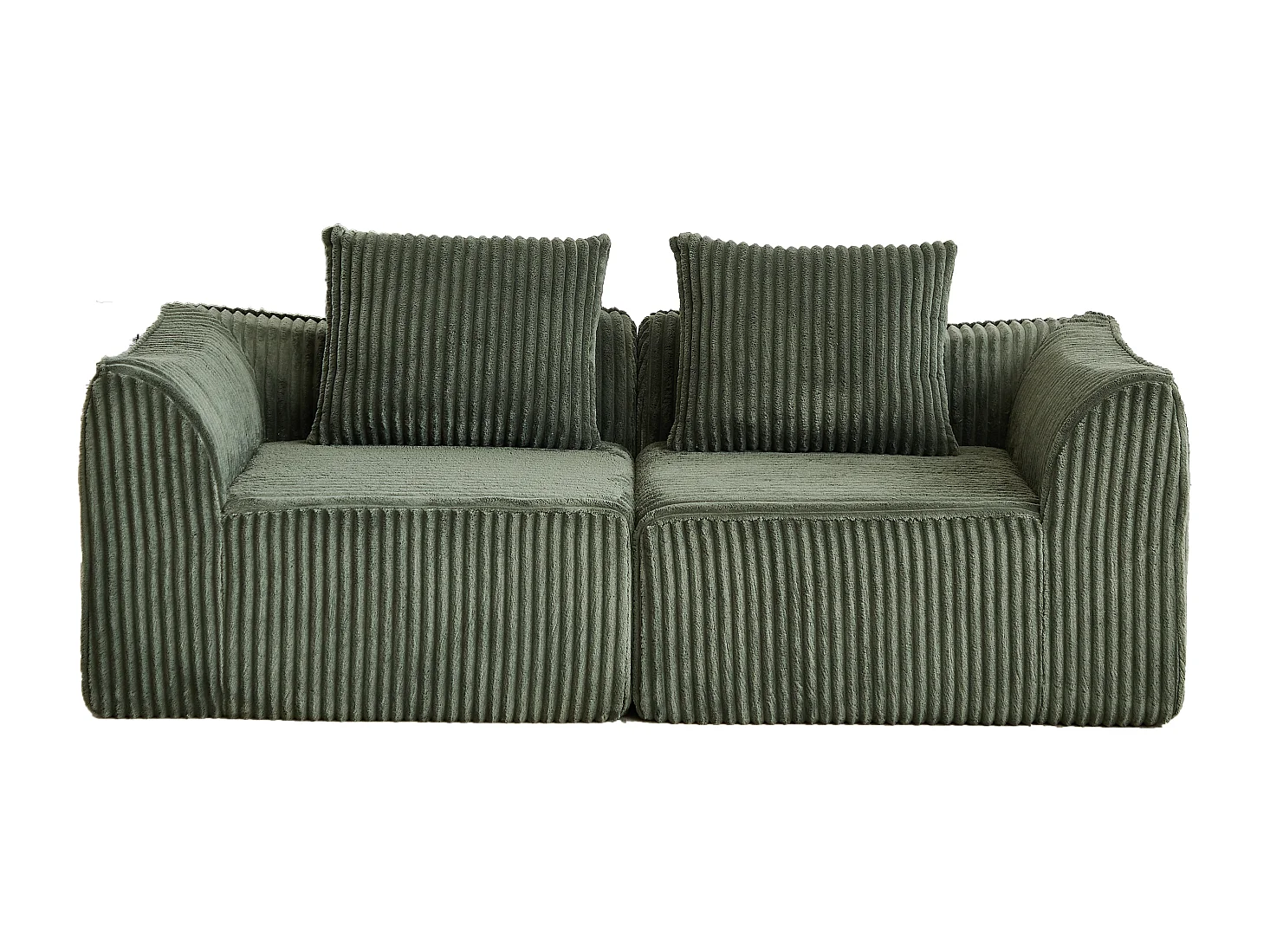 Canapé modulable 2 places en tissu velours côtelé vert avec 2 coussins