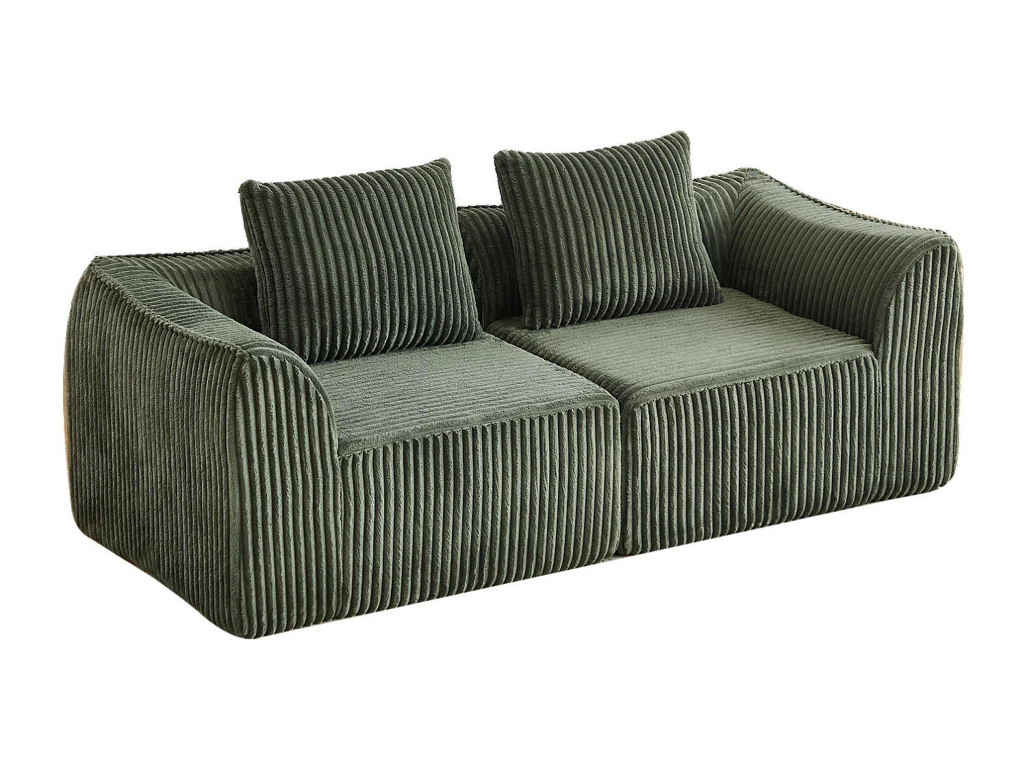 Canapé modulable 2 places en tissu velours côtelé vert avec 2 coussins