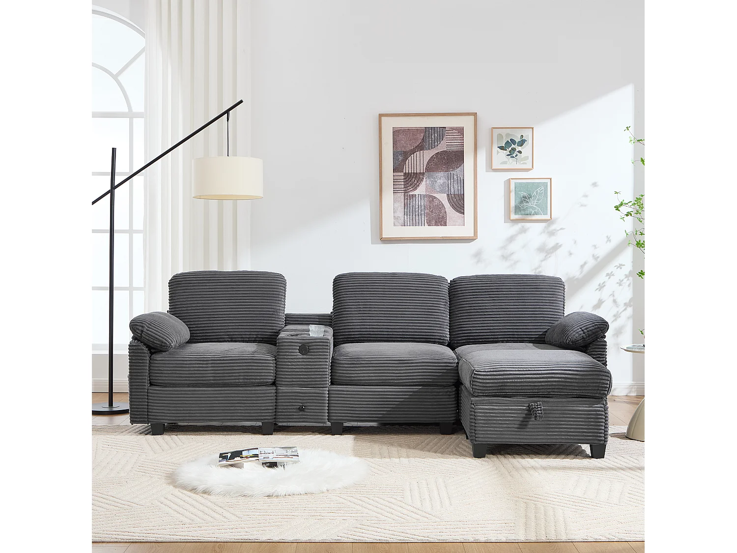 Canapé 3 places en velours côtelé avec ports USB, pouf et rangement - Gris foncé