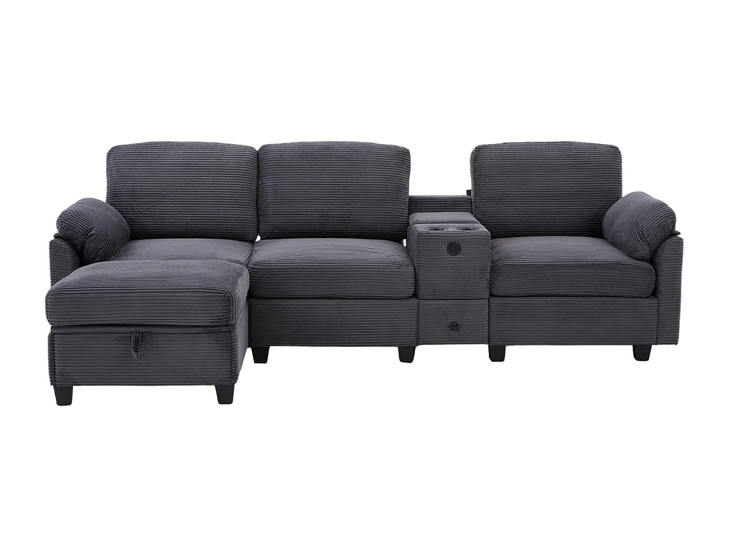 Canapé 3 places en velours côtelé avec ports USB, pouf et rangement - Gris foncé