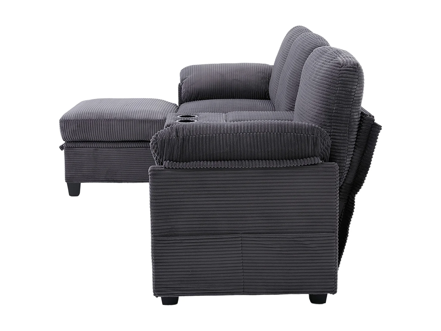 Canapé 3 places en velours côtelé avec ports USB, pouf et rangement - Gris foncé