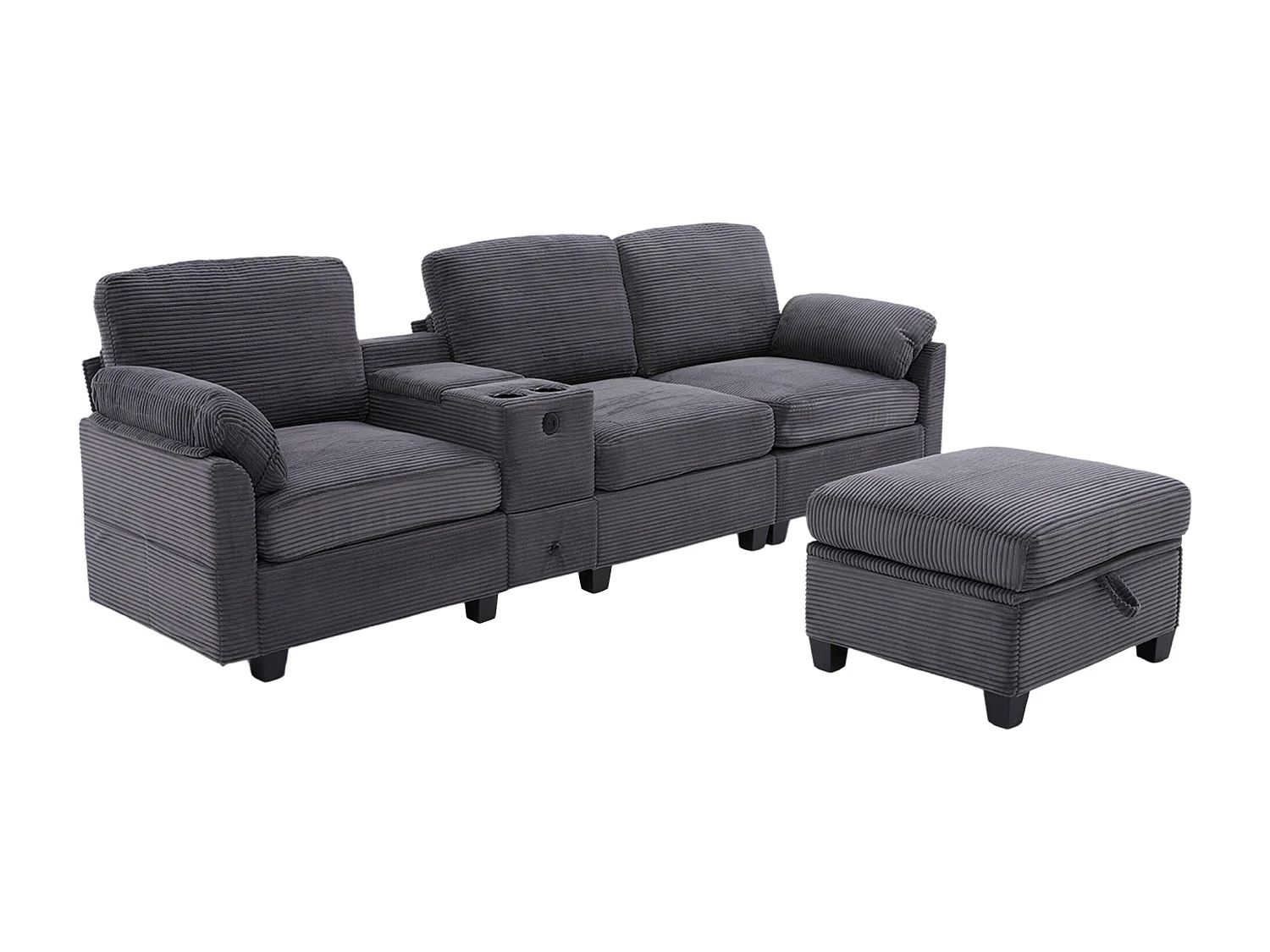 Canapé 3 places en velours côtelé avec ports USB, pouf et rangement - Gris foncé