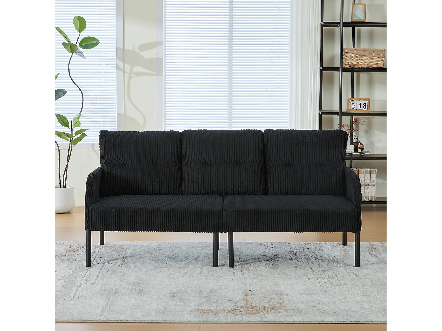 Canapé 3 places en velours côtelé noir - Pieds en métal