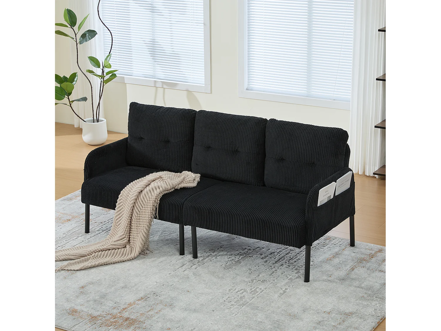 Canapé 3 places en velours côtelé noir - Pieds en métal