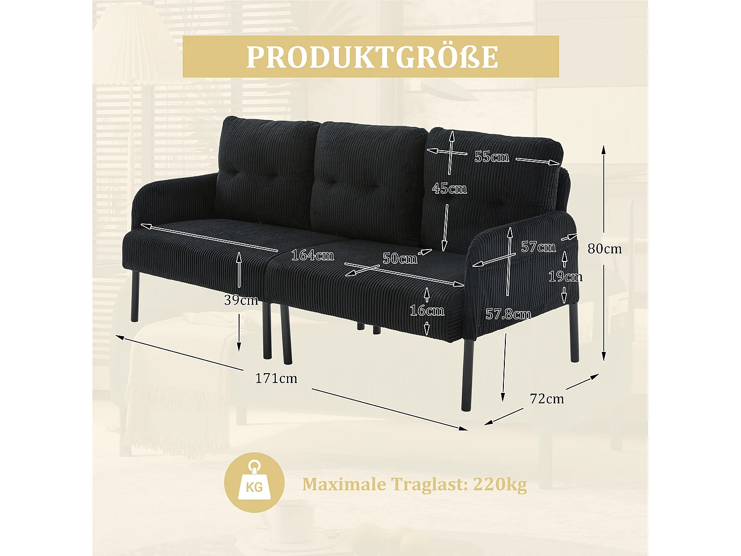 Canapé 3 places en velours côtelé noir - Pieds en métal