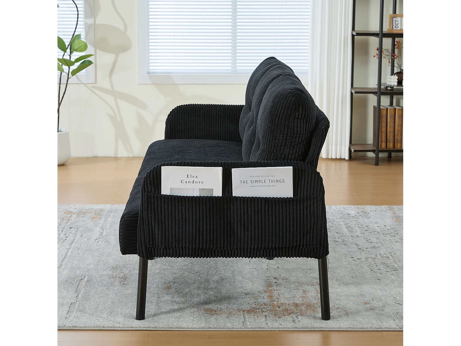 Canapé 3 places en velours côtelé noir - Pieds en métal