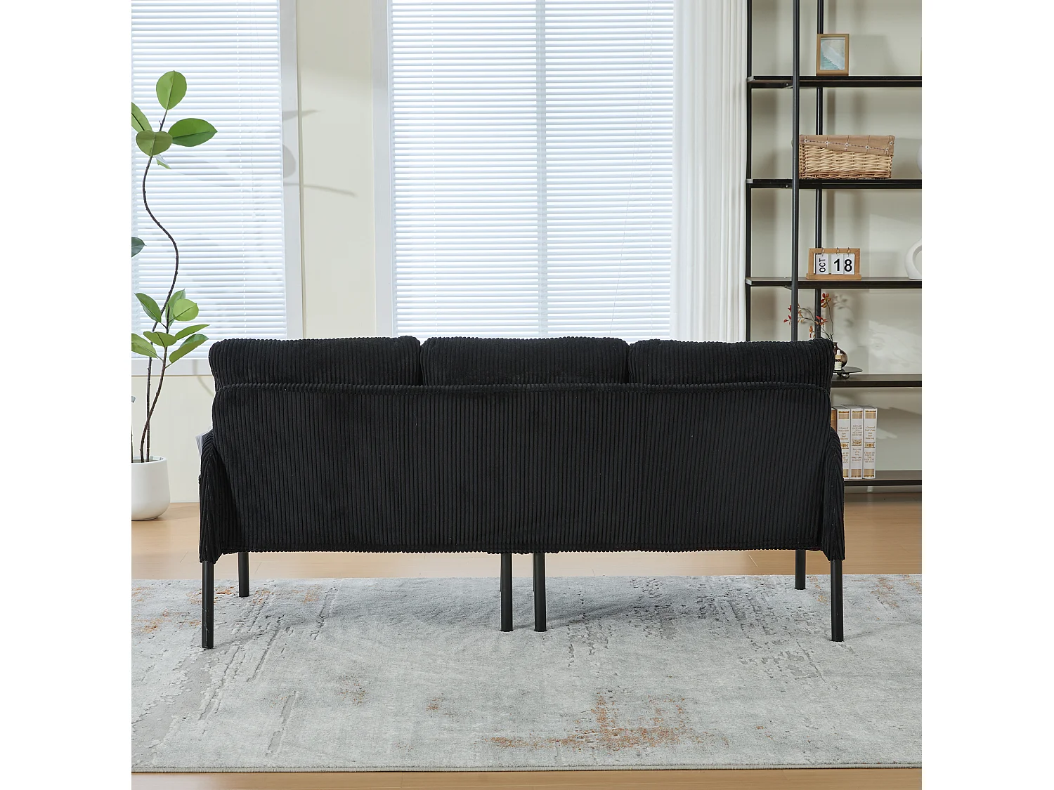 Canapé 3 places en velours côtelé noir - Pieds en métal