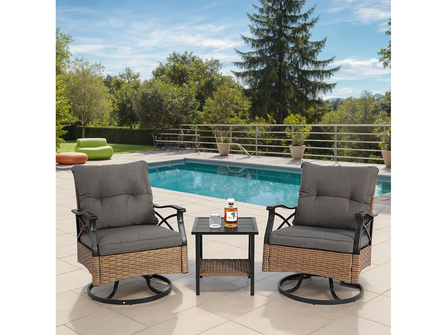 Salon de jardin 2 fauteuils pivotants à bascule + table - métal + rotin , marron et gris