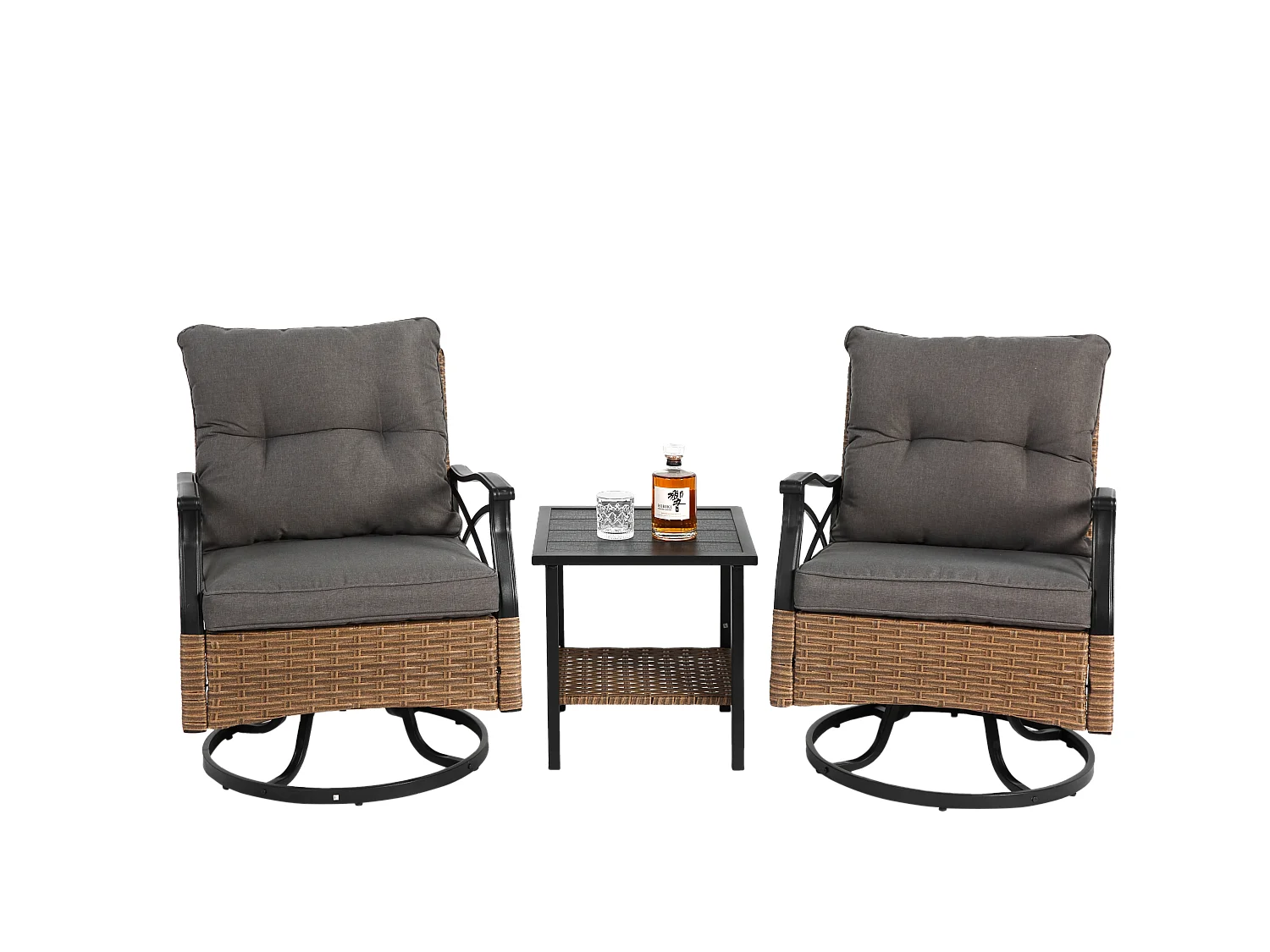 Salon de jardin 2 fauteuils pivotants à bascule + table - métal + rotin , marron et gris