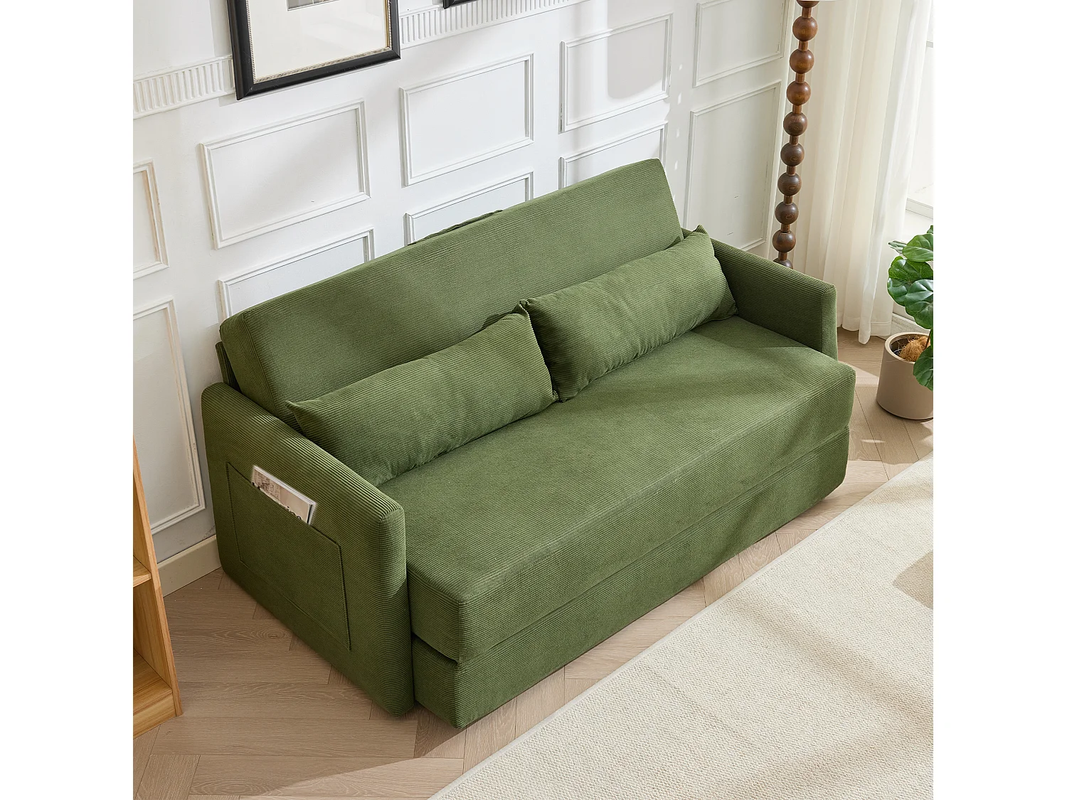 Canapé convertible 2 places en tissu velours côtelé avec 2 poches et 2 coussins - Vert