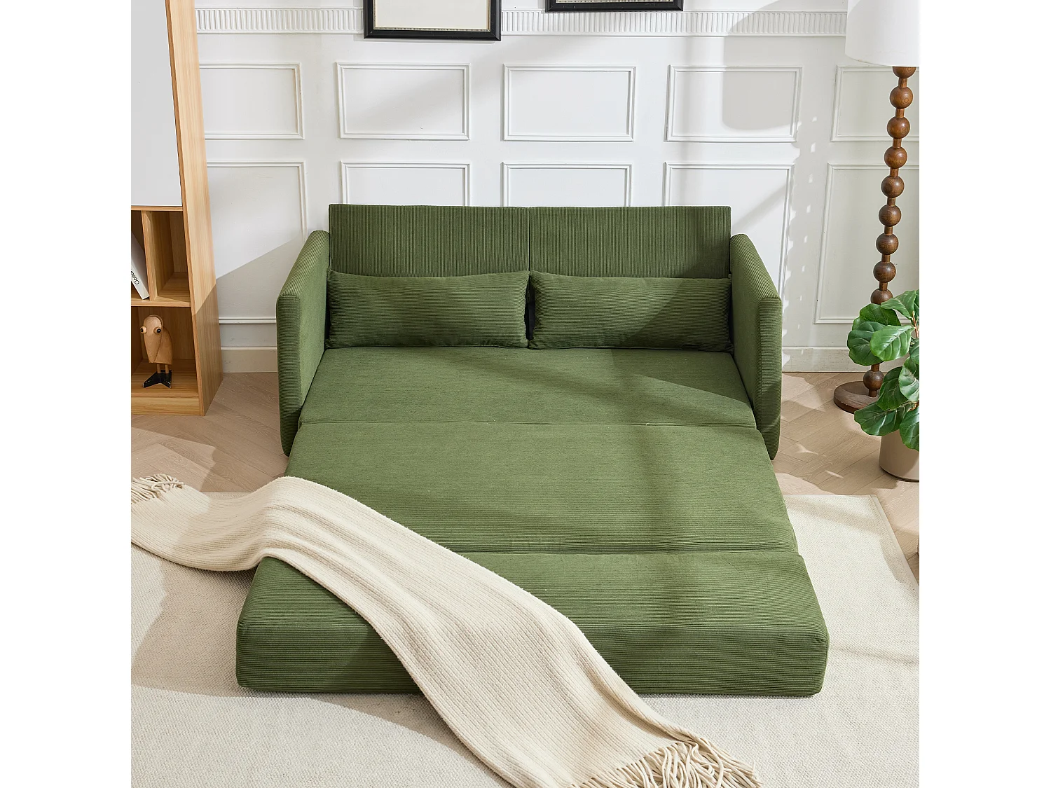 Canapé convertible 2 places en tissu velours côtelé avec 2 poches et 2 coussins - Vert