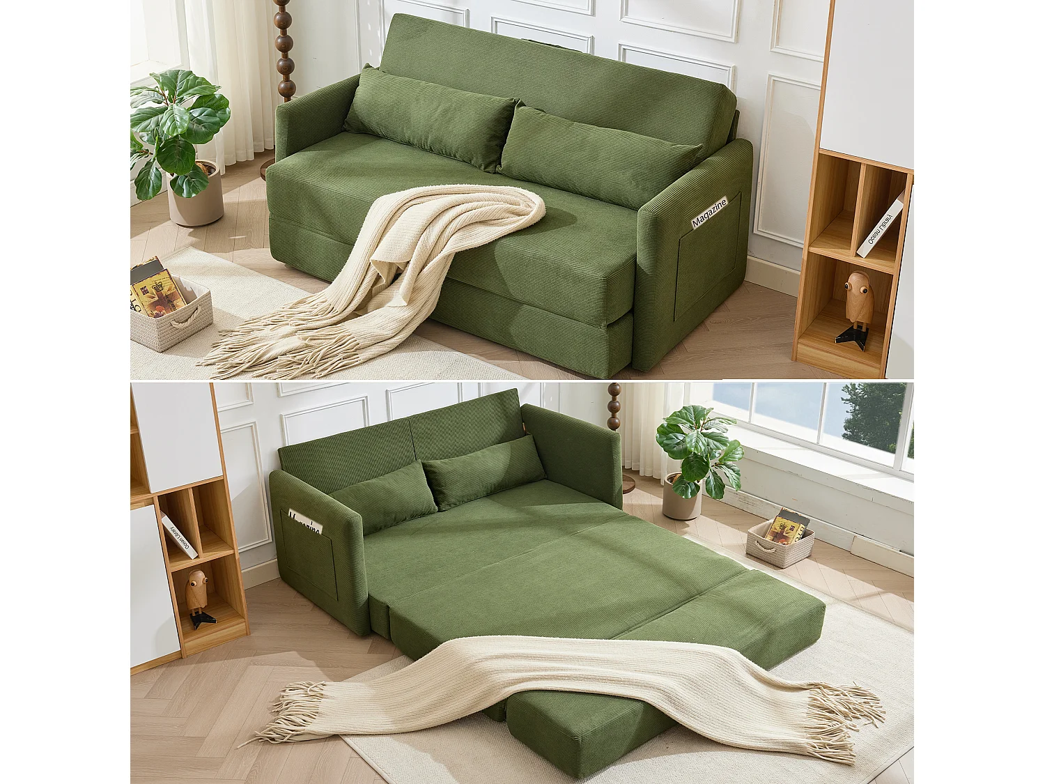 Canapé convertible 2 places en tissu velours côtelé avec 2 poches et 2 coussins - Vert