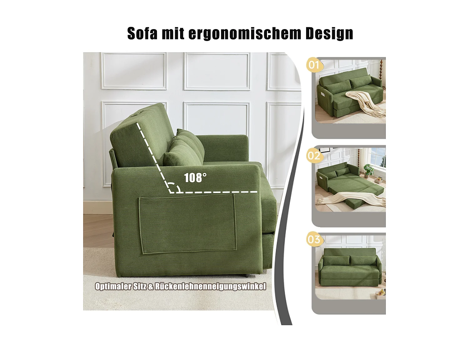 Canapé convertible 2 places en tissu velours côtelé avec 2 poches et 2 coussins - Vert