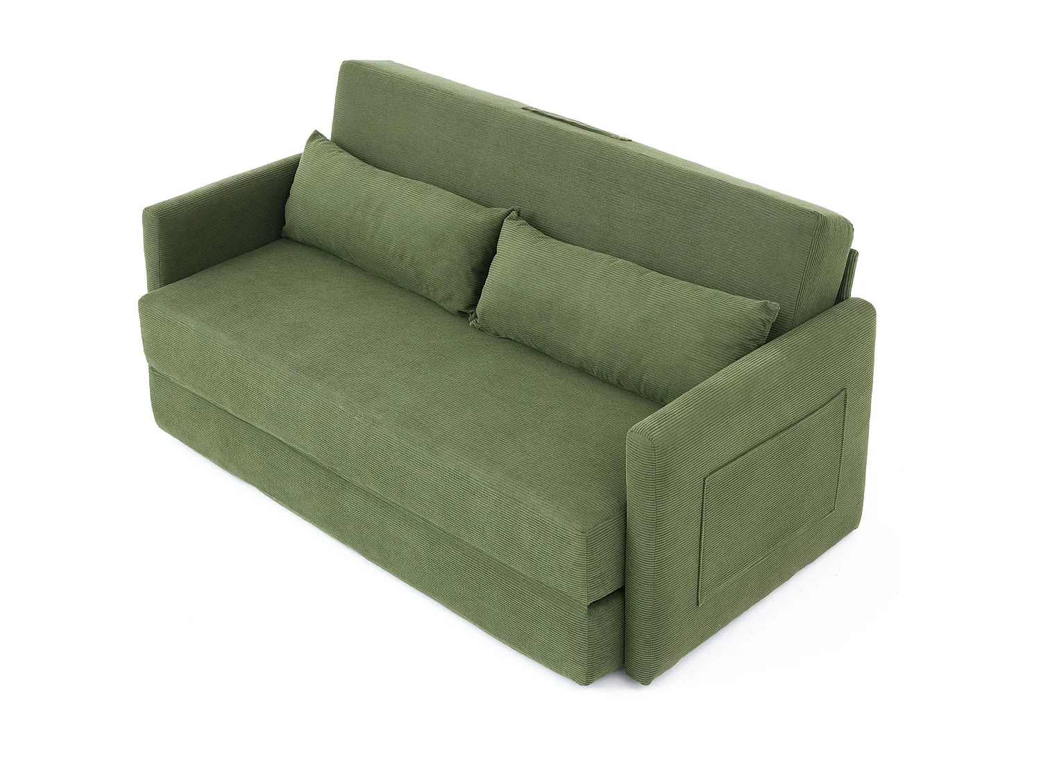 Canapé convertible 2 places en tissu velours côtelé avec 2 poches et 2 coussins - Vert