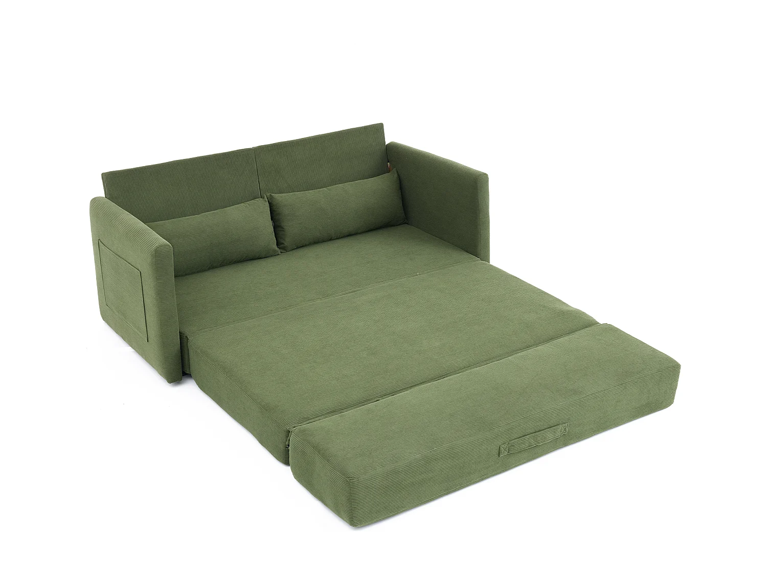 Canapé convertible 2 places en tissu velours côtelé avec 2 poches et 2 coussins - Vert