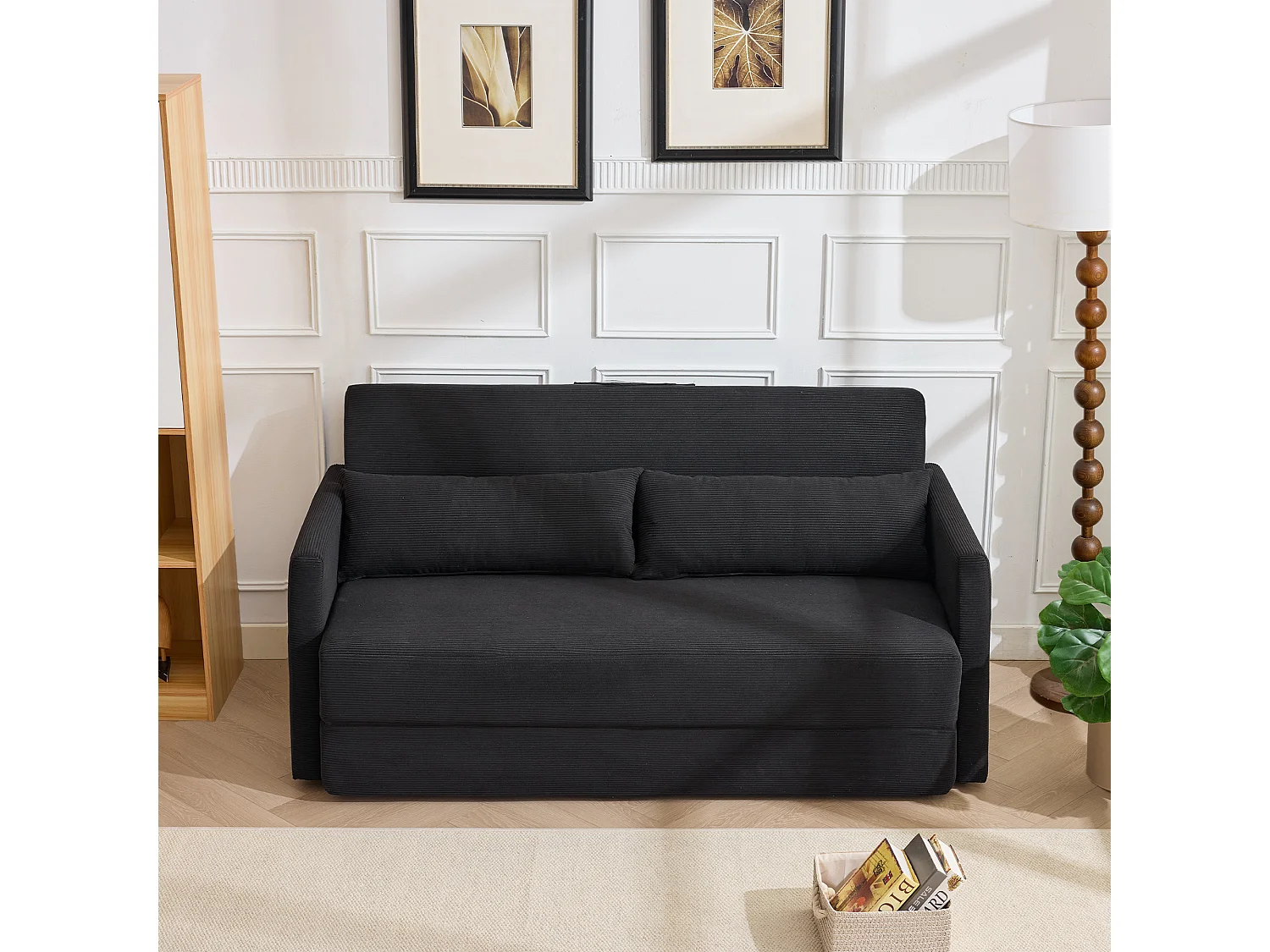 Canapé convertible 2 places en tissu velours côtelé avec 2 poches et 2 coussins - Noir