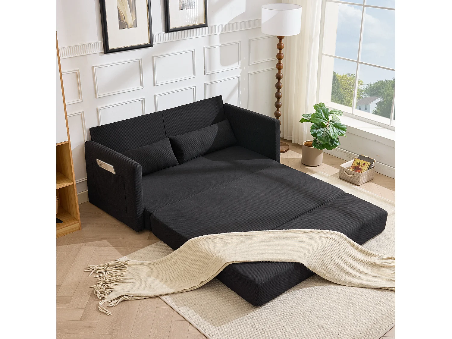 Canapé convertible 2 places en tissu velours côtelé avec 2 poches et 2 coussins - Noir