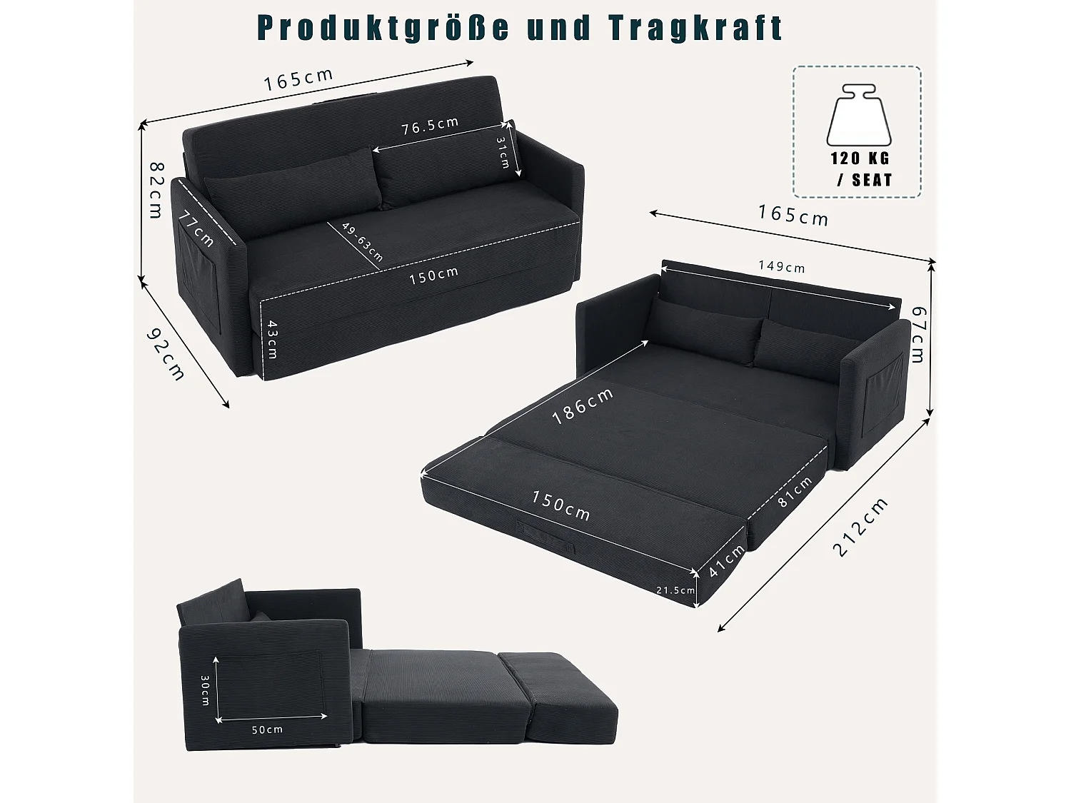 Canapé convertible 2 places en tissu velours côtelé avec 2 poches et 2 coussins - Noir