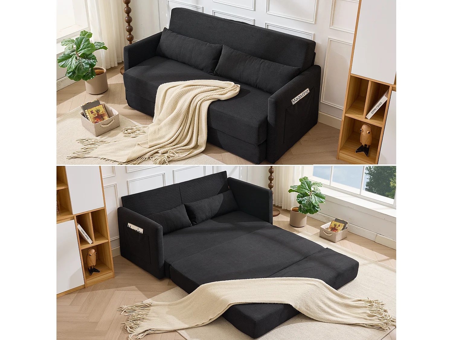 Canapé convertible 2 places en tissu velours côtelé avec 2 poches et 2 coussins - Noir