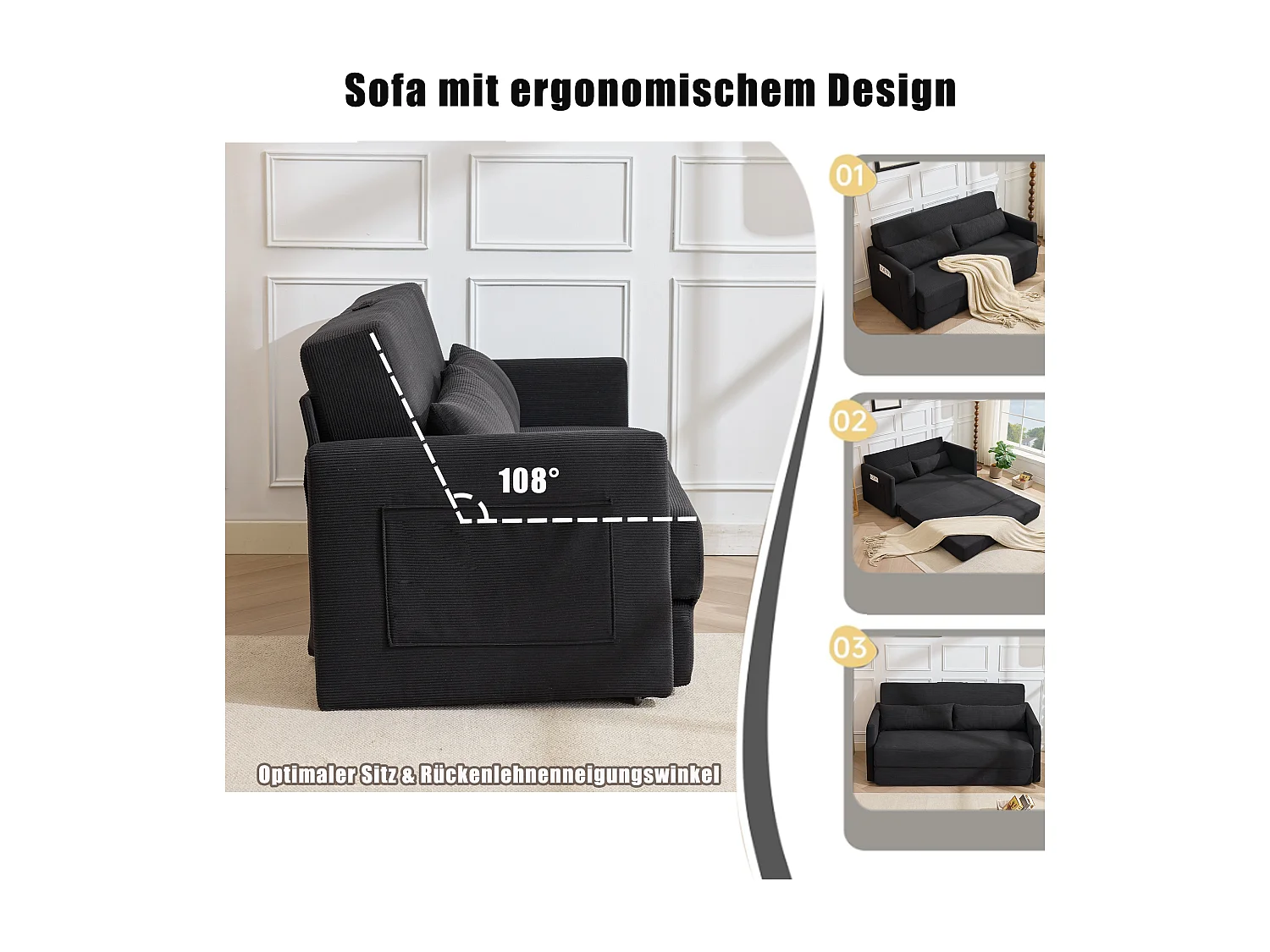 Canapé convertible 2 places en tissu velours côtelé avec 2 poches et 2 coussins - Noir