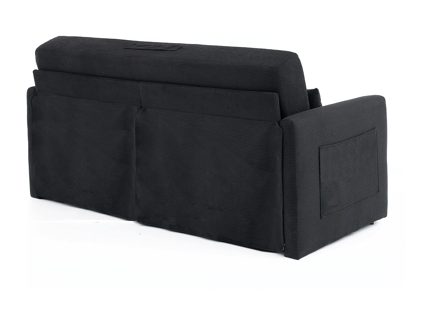 Canapé convertible 2 places en tissu velours côtelé avec 2 poches et 2 coussins - Noir