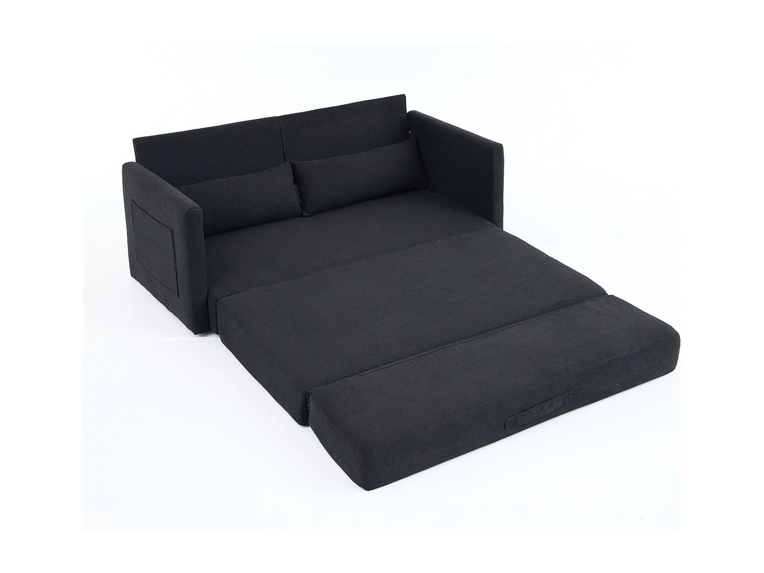 Canapé convertible 2 places en tissu velours côtelé avec 2 poches et 2 coussins - Noir