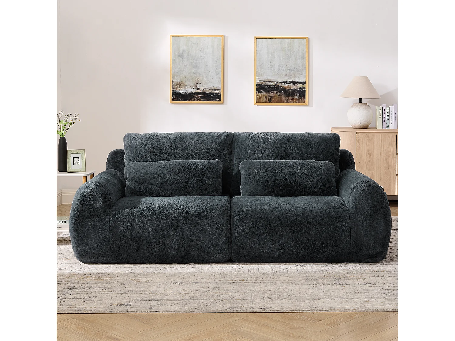 Canapé 2 places avec ports USB et poche latérale - Tissu gris, sans montage