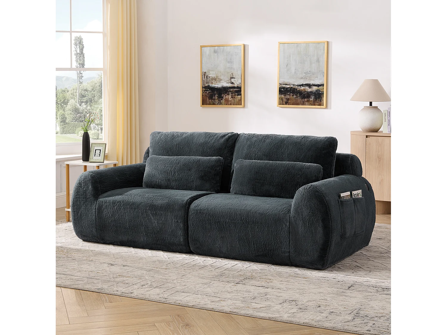 Canapé 2 places avec ports USB et poche latérale - Tissu gris, sans montage