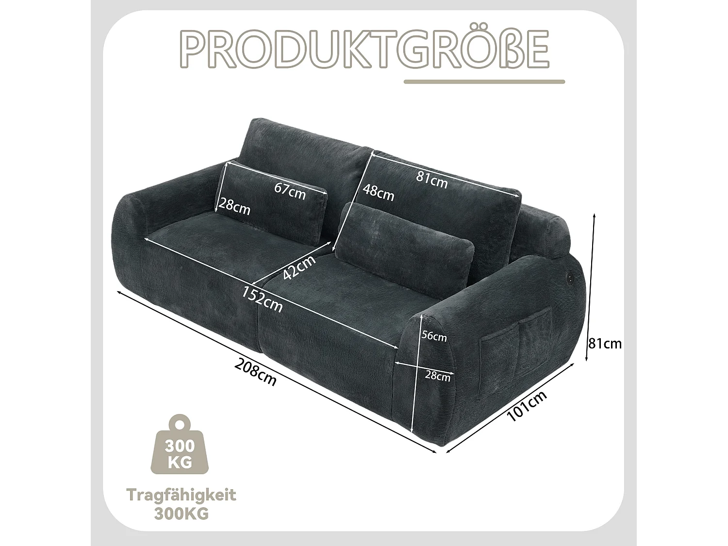 Canapé 2 places avec ports USB et poche latérale - Tissu gris, sans montage