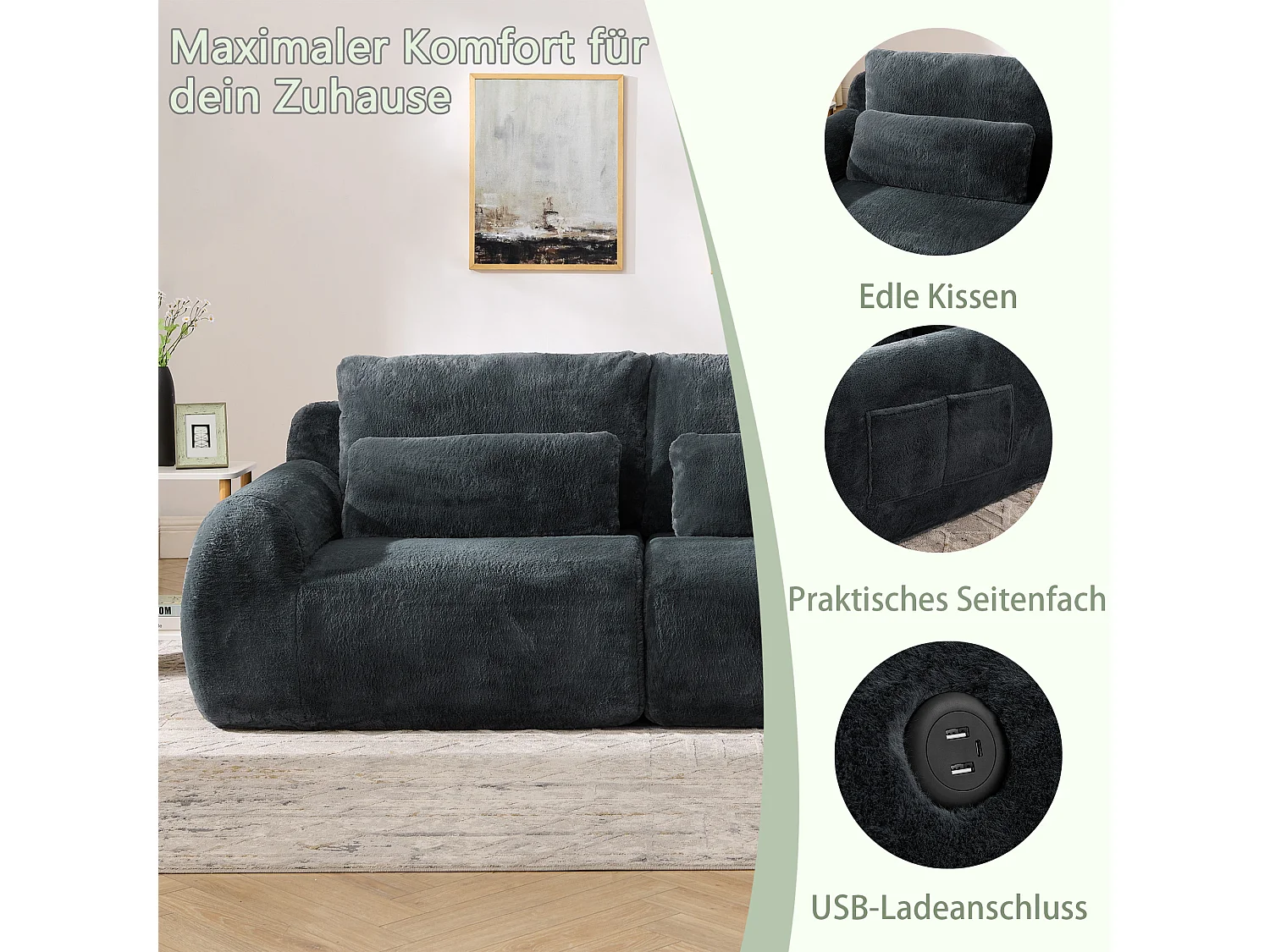 Canapé 2 places avec ports USB et poche latérale - Tissu gris, sans montage