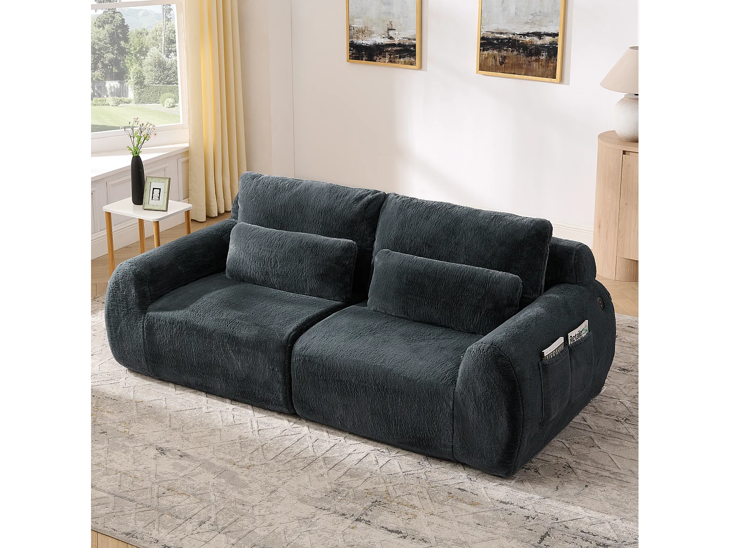 Canapé 2 places avec ports USB et poche latérale - Tissu gris, sans montage