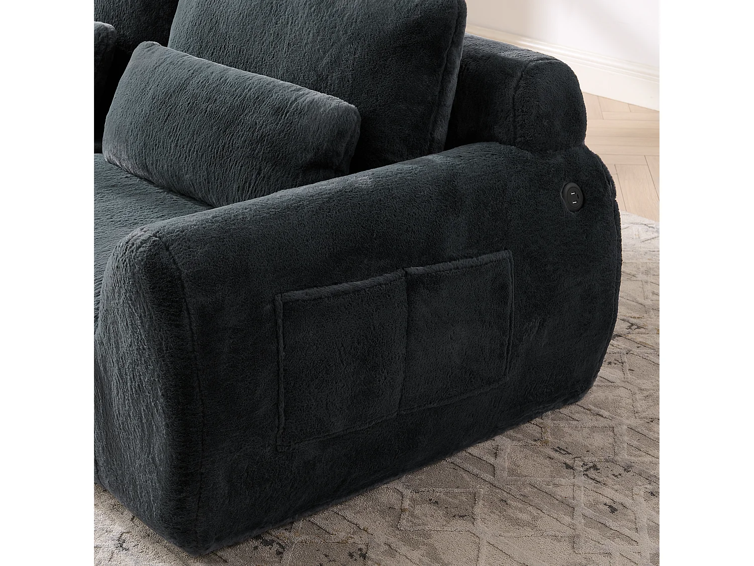 Canapé 2 places avec ports USB et poche latérale - Tissu gris, sans montage