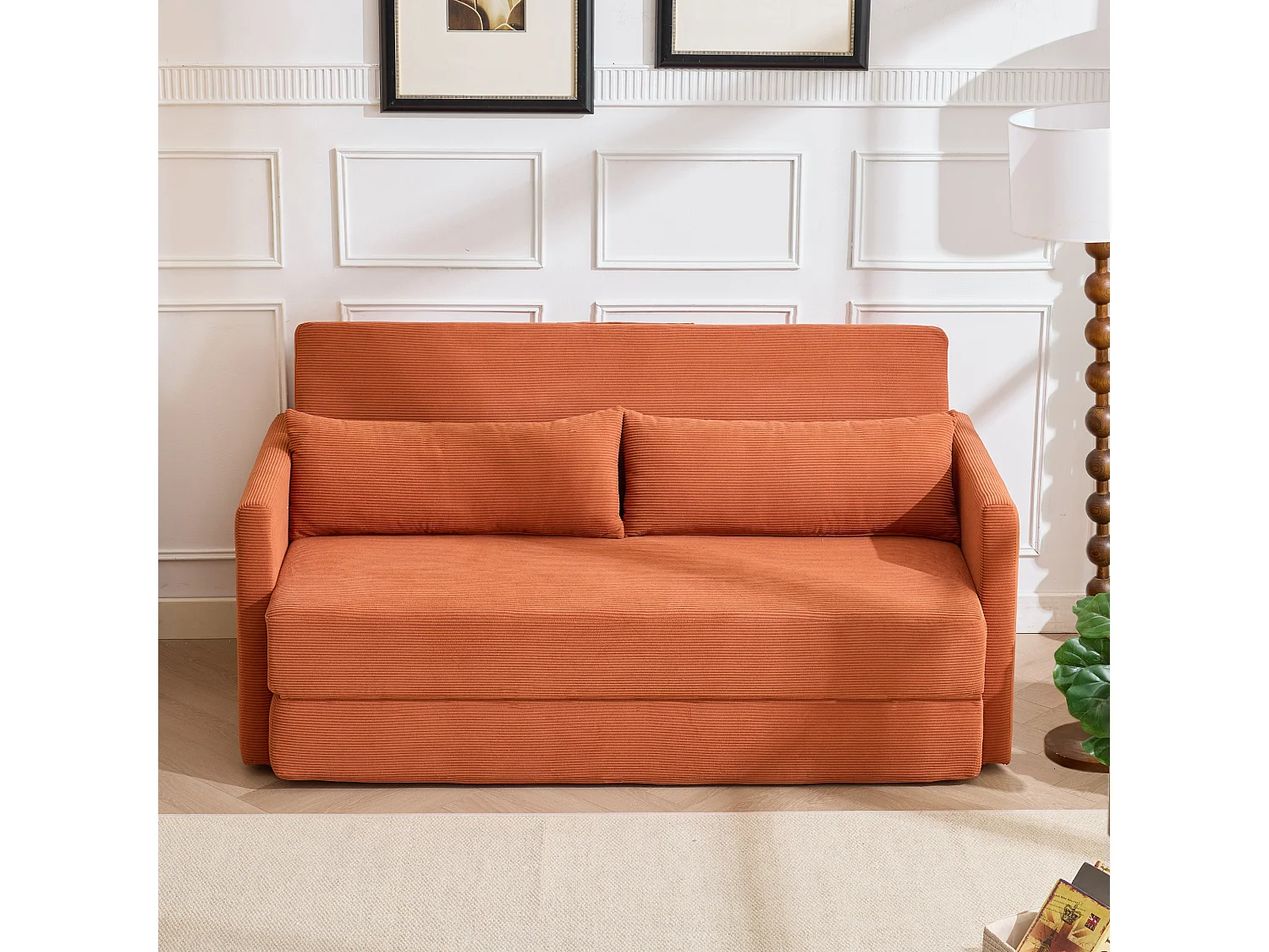 Canapé convertible 2 places en tissu velours côtelé avec 2 poches et 2 coussins - Orange