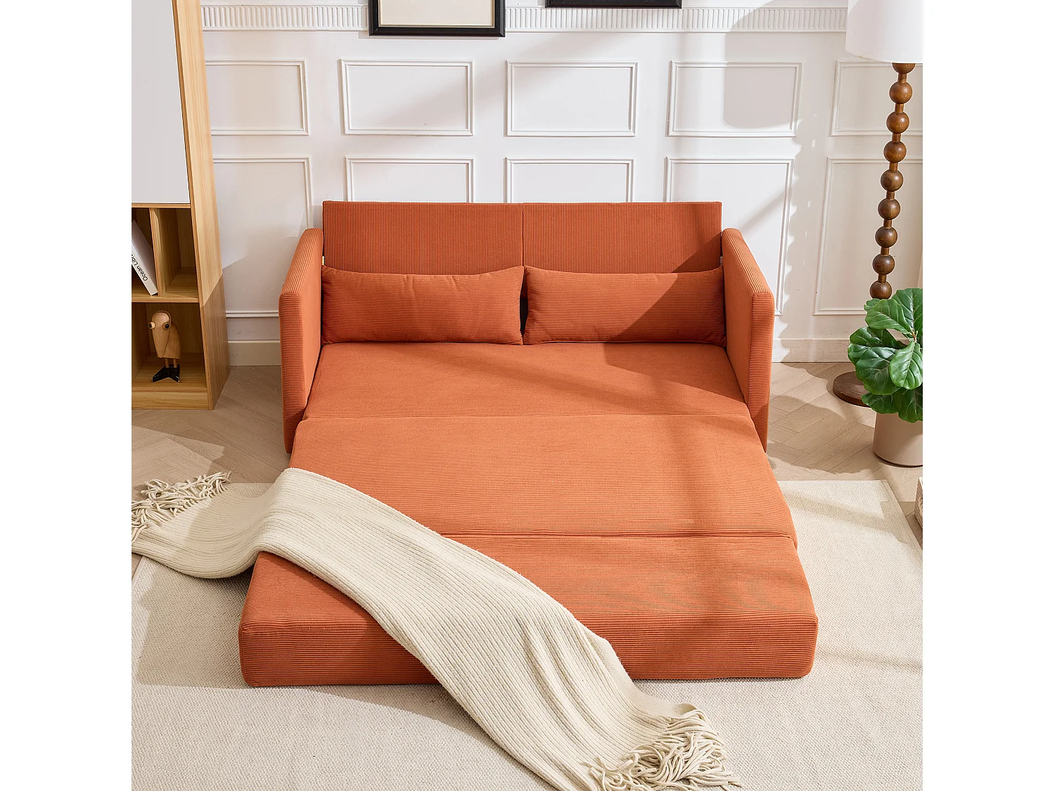Canapé convertible 2 places en tissu velours côtelé avec 2 poches et 2 coussins - Orange